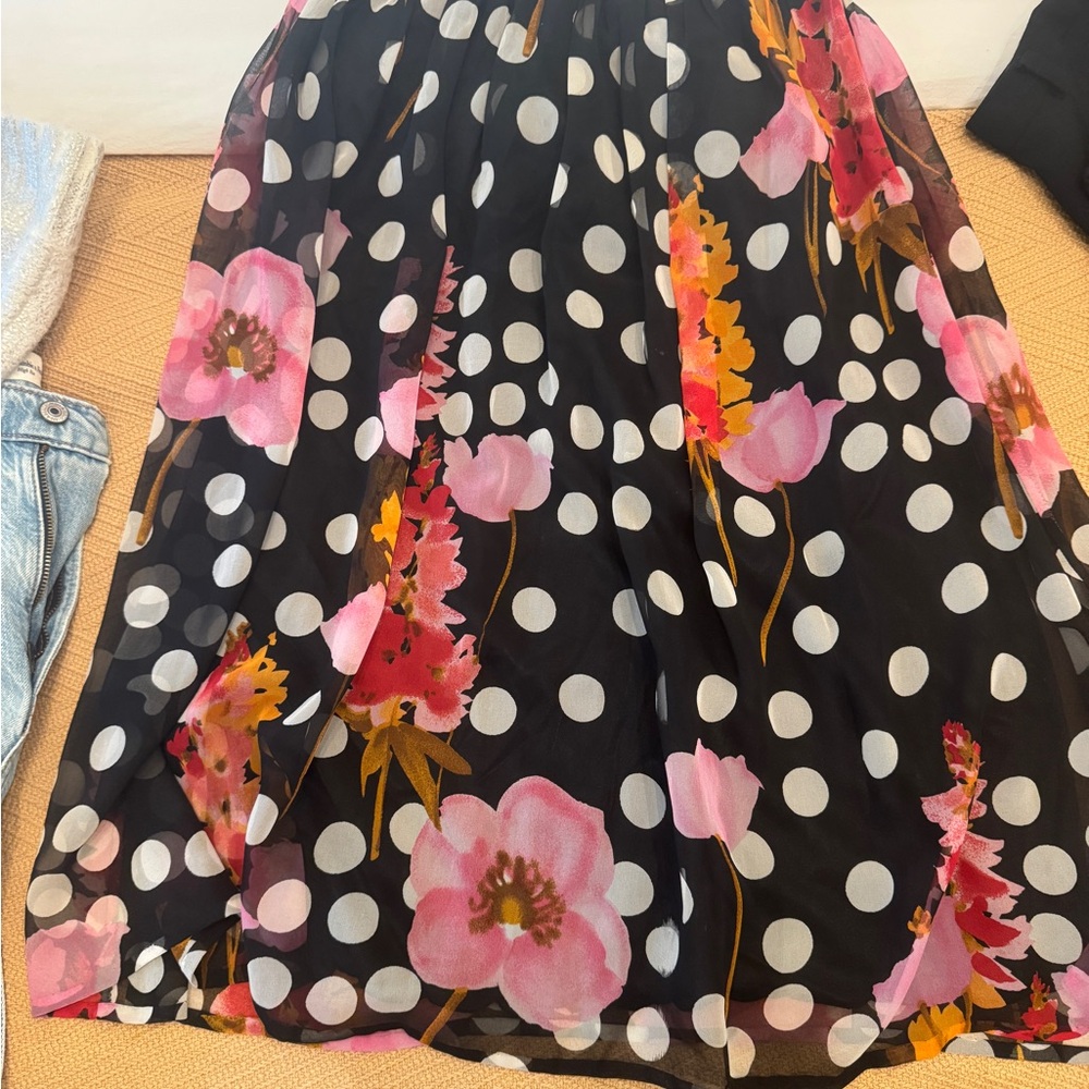 Black Polka Dot A-Line Skirt with Pink Floral Print